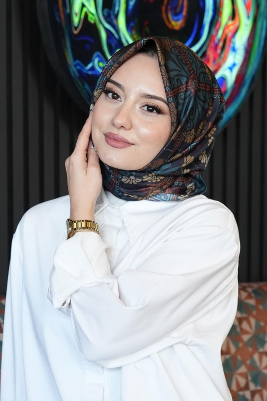 Çiçek Desen Turkuaz Soft Pamuk Eşarp - 2