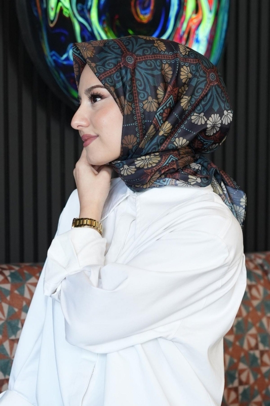 Çiçek Desen Turkuaz Soft Pamuk Eşarp - 3