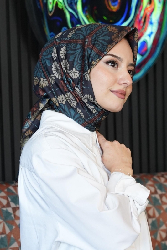 Çiçek Desen Turkuaz Soft Pamuk Eşarp - 4
