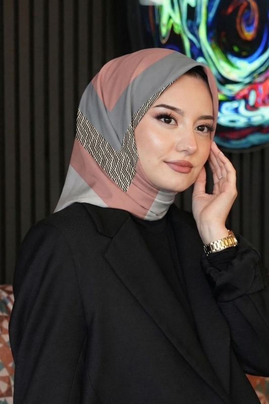 Geometrik Desen Gri - Somon Soft Pamuk Eşarp - 1