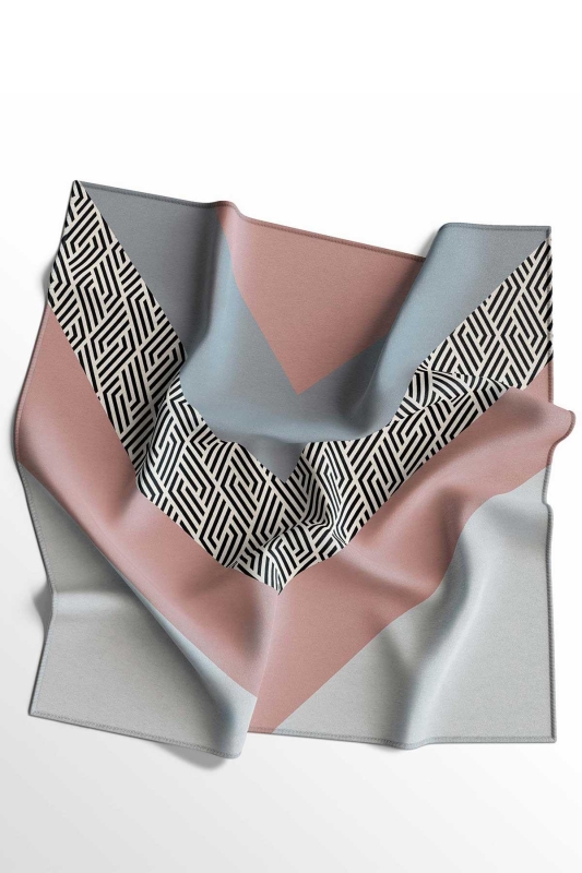 Geometrik Desen Gri - Somon Soft Pamuk Eşarp - 2