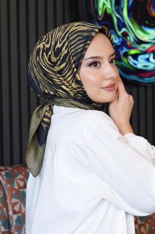 Zebra Desen Yeşil Soft Pamuk Eşarp - 1