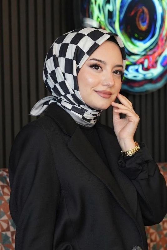 Kareli Desen Siyah - Beyaz Soft Pamuk Eşarp - 1