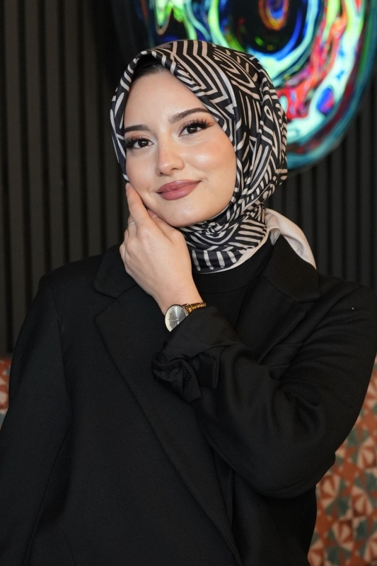 Geometrik Desen Siyah Soft Pamuk Eşarp - 2