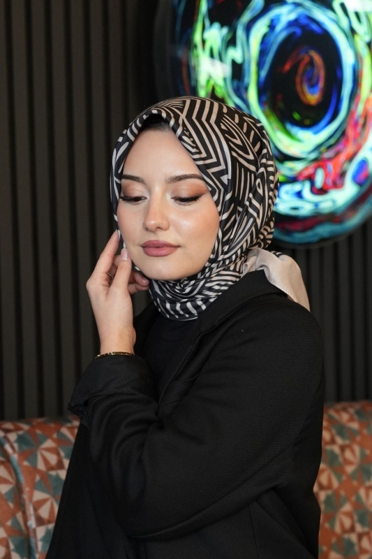 Geometrik Desen Siyah Soft Pamuk Eşarp - 3