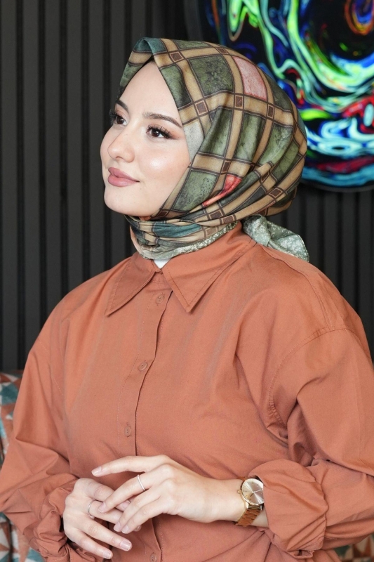 Geometrik Desen Yeşil Soft Pamuk Eşarp - 2