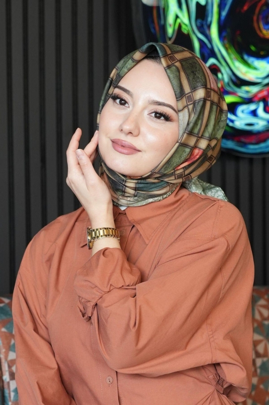 Geometrik Desen Yeşil Soft Pamuk Eşarp - 3