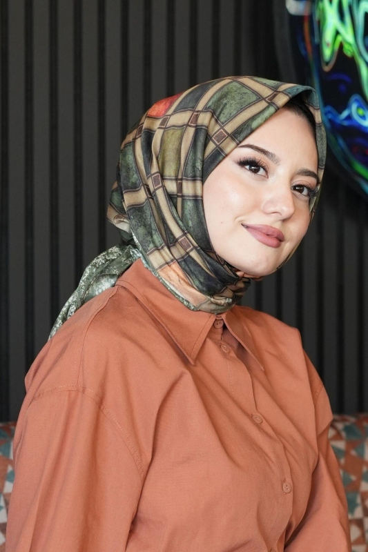 Geometrik Desen Yeşil Soft Pamuk Eşarp - 4