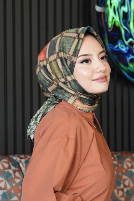 Geometrik Desen Yeşil Soft Pamuk Eşarp - 5