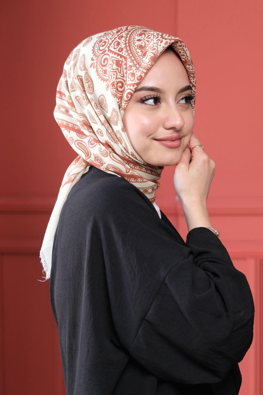 Paisley Desen Bej Pamuk Eşarp - 1