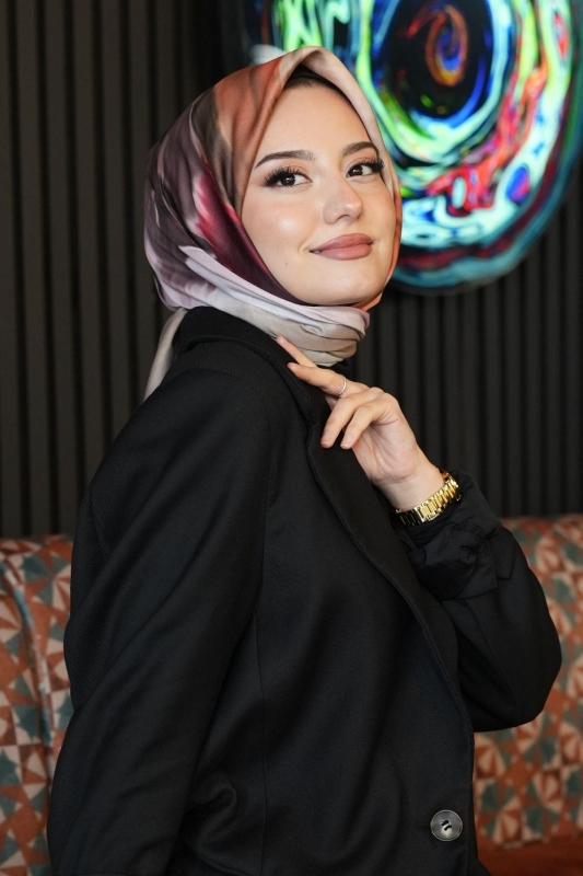 Abstrakt Desen Pembe Soft Pamuk Eşarp - 5