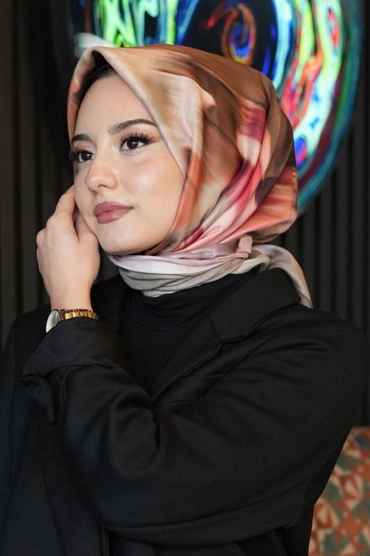 Abstrakt Desen Pembe Soft Pamuk Eşarp - 3