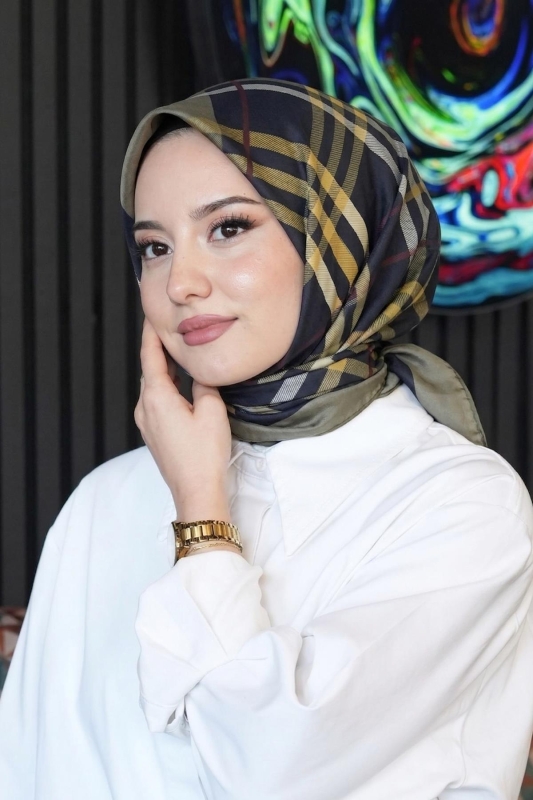 Ekose Desen Kahverengi Soft Pamuk Eşarp - 1