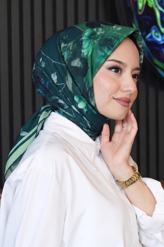 Yaprak Desen Yeşil Soft Pamuk Eşarp - 1