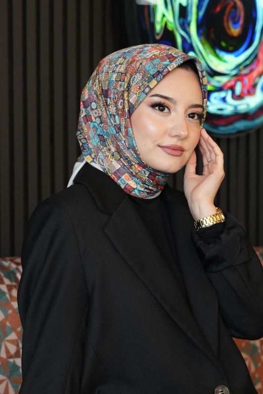 Geometrik Desen Mavi Soft Pamuk Eşarp - 1