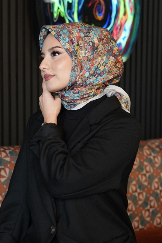 Geometrik Desen Mavi Soft Pamuk Eşarp - 2