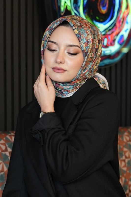 Geometrik Desen Mavi Soft Pamuk Eşarp - 3