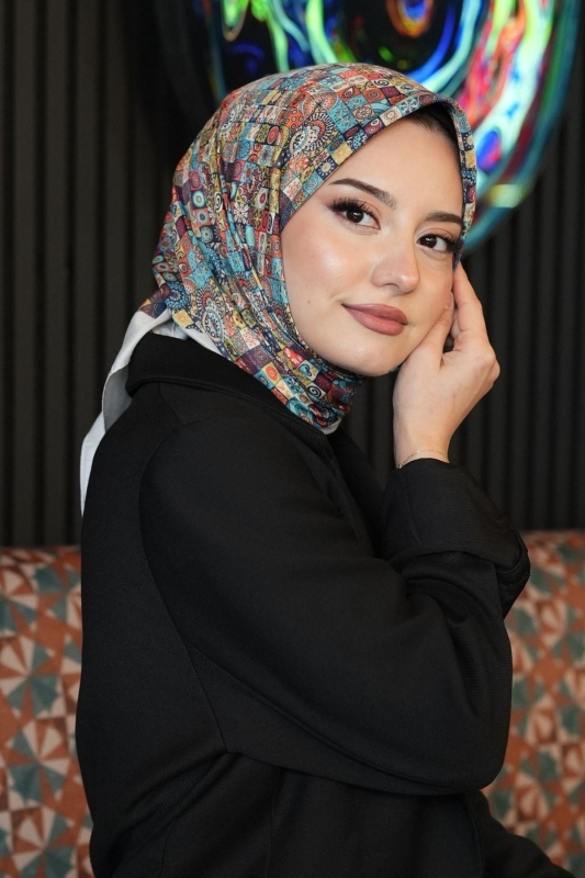 Geometrik Desen Mavi Soft Pamuk Eşarp - 4