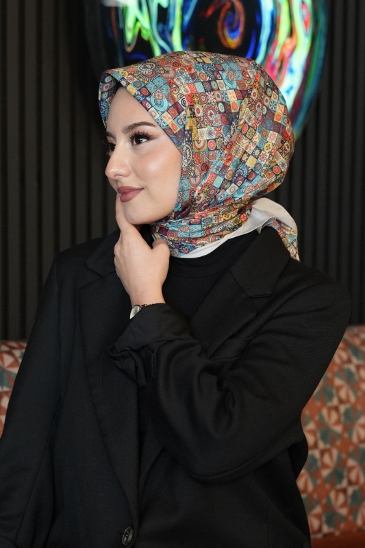 Geometrik Desen Mavi Soft Pamuk Eşarp - 5