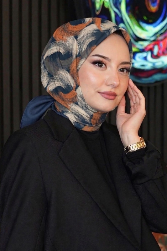 Dalga Desen Turuncu Soft Pamuk Eşarp - 1