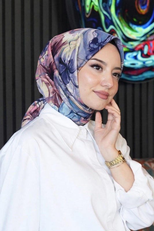 Dalgalı Çiçek Desen Leylak Soft Pamuk Eşarp - 1