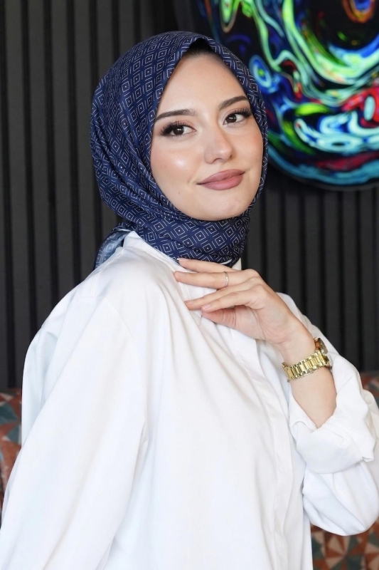 Elmas Motif Desen Lacivert Soft Pamuk Eşarp - Afvente