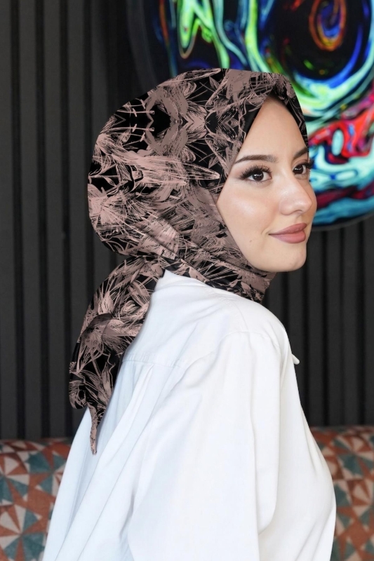 Eskiz Çiçek Desen Gül Kurusu Soft Pamuk Eşarp - 1