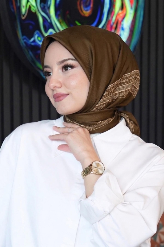 Etnik Bordür Desen Acı Kahve Soft Pamuk Eşarp - Afvente