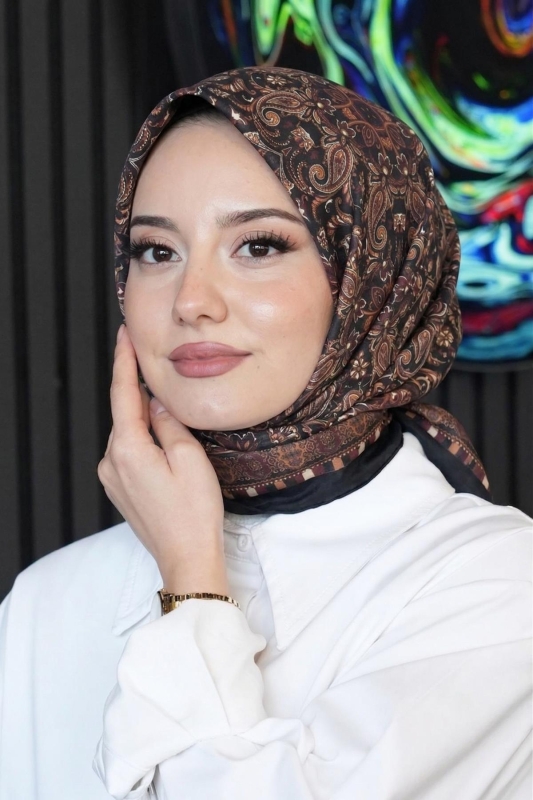 Etnik Desen Acı Kahve Soft Pamuk Eşarp - AFVENTE