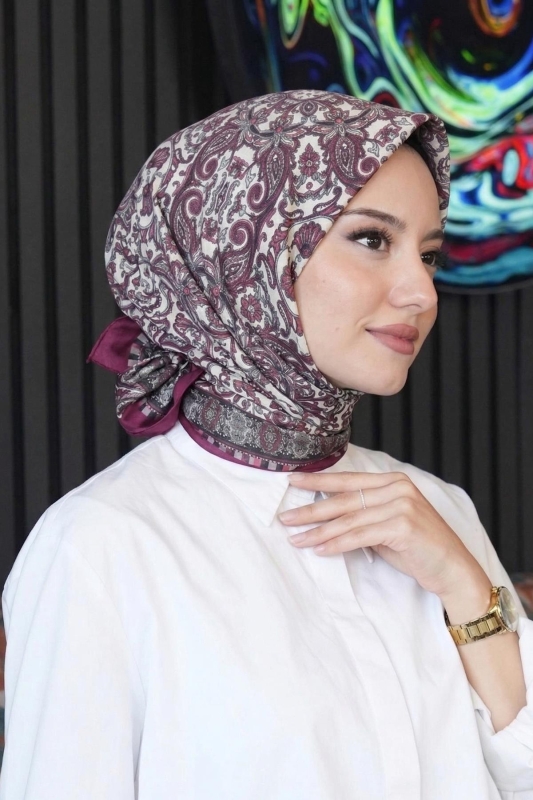 Etnik Desen Bordo Soft Pamuk Eşarp - AFVENTE