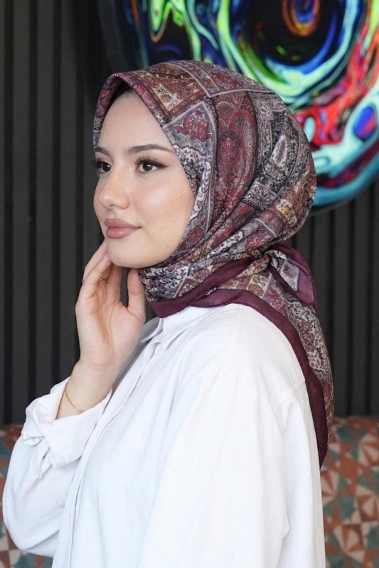 Etnik Desen Bordo Soft Pamuk Eşarp - AFVENTE