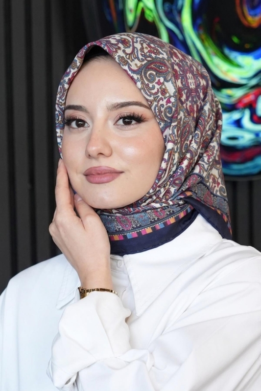 Etnik Desen Lacivert Soft Pamuk Eşarp - AFVENTE