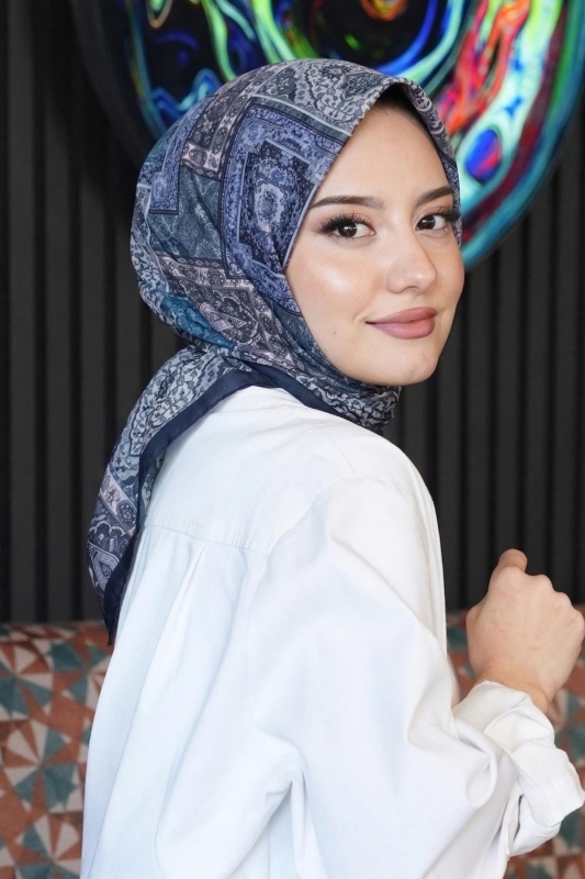 Etnik Desen Lacivert Soft Pamuk Eşarp - Afvente