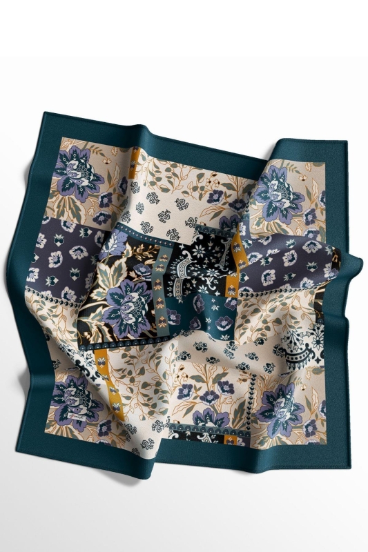 Floral Desen Petrol Soft Pamuk Eşarp - 2