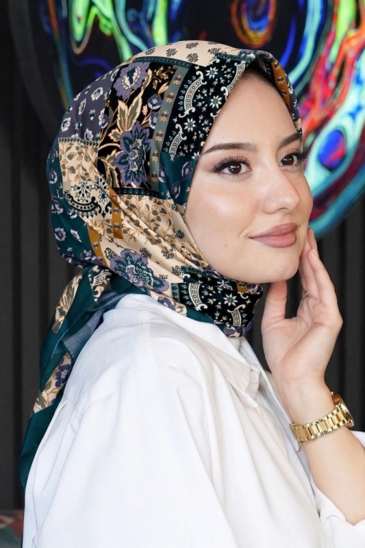 Floral Desen Petrol Soft Pamuk Eşarp - 1