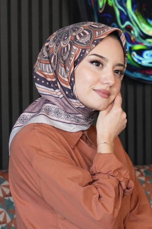 Geometrik Desen Bej Soft Pamuk Eşarp - AFVENTE