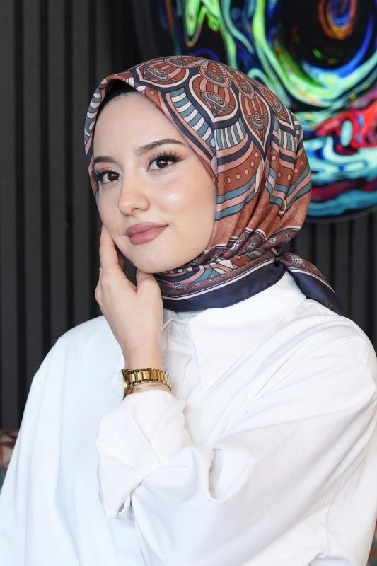 Geometrik Desen Lacivert Soft Pamuk Eşarp - AFVENTE