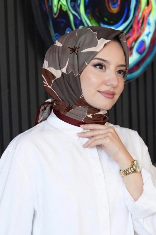 Gölge Çiçek Desen Mürdüm Soft Pamuk Eşarp - 1