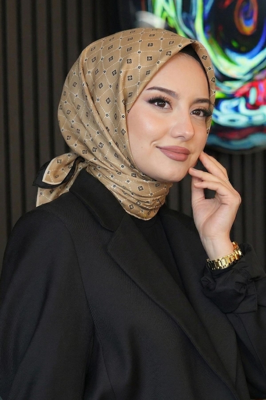 İnce Elmas Desen Karamel Soft Pamuk Eşarp - 1