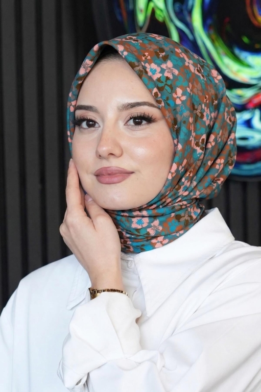 Kiraz Çiçeği Desen Mavi Soft Pamuk Eşarp - 1