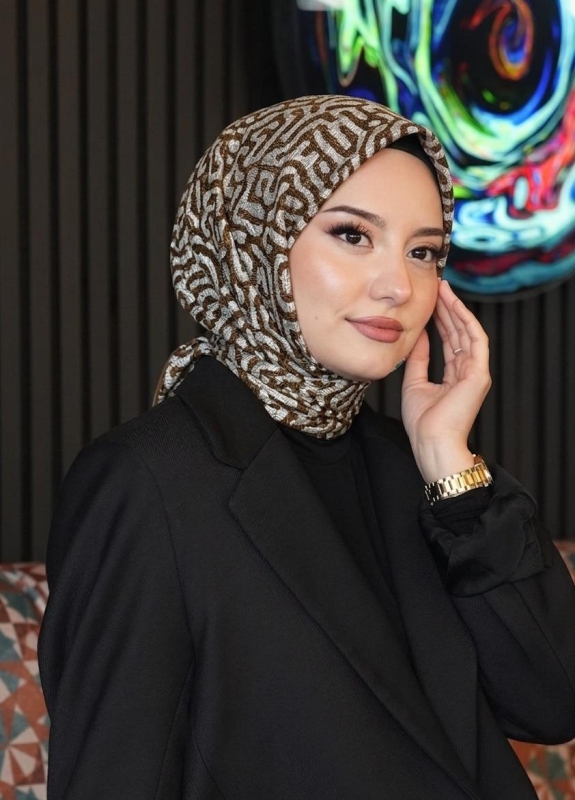 Labirent Desen Kahverengi Soft Pamuk Eşarp - Afvente