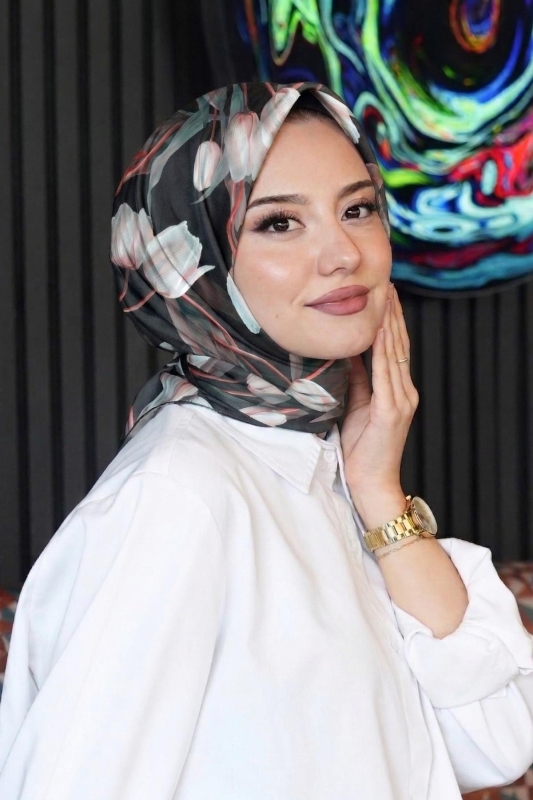 Lale Desen Antrasit Soft Pamuk Eşarp - 1