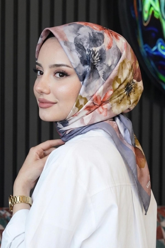 Manolya Çiçek Desen Füme Soft Pamuk Eşarp - AFVENTE