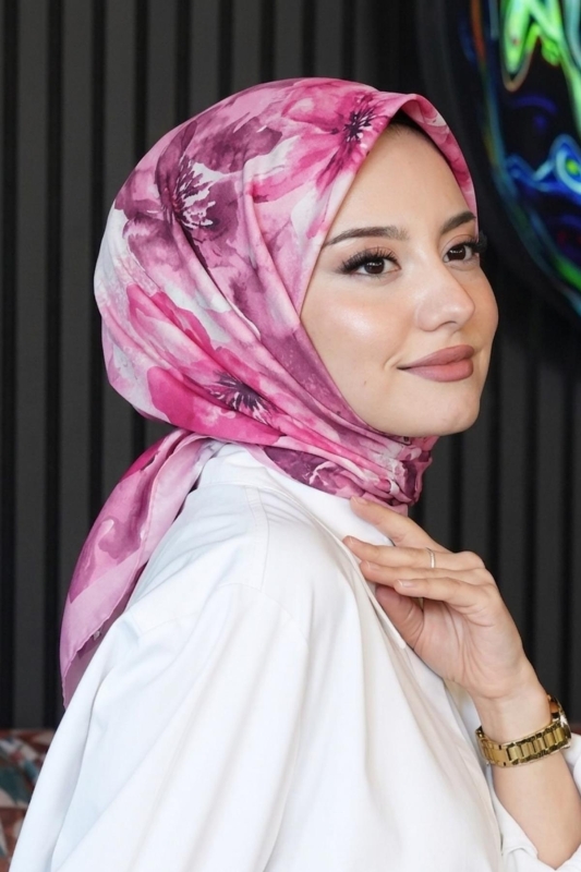 Manolya Çiçek Desen Pembe Soft Pamuk Eşarp - 1