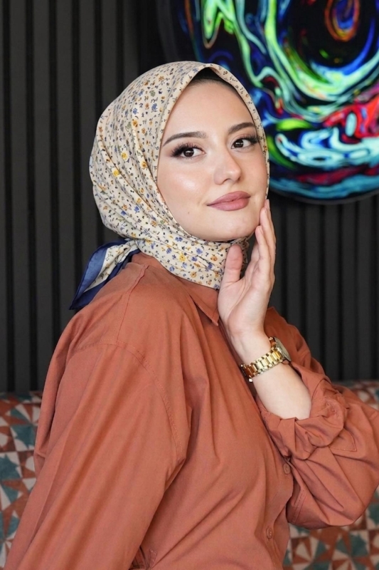 Mini Çiçek Desen İndigo Soft Pamuk Eşarp - Afvente