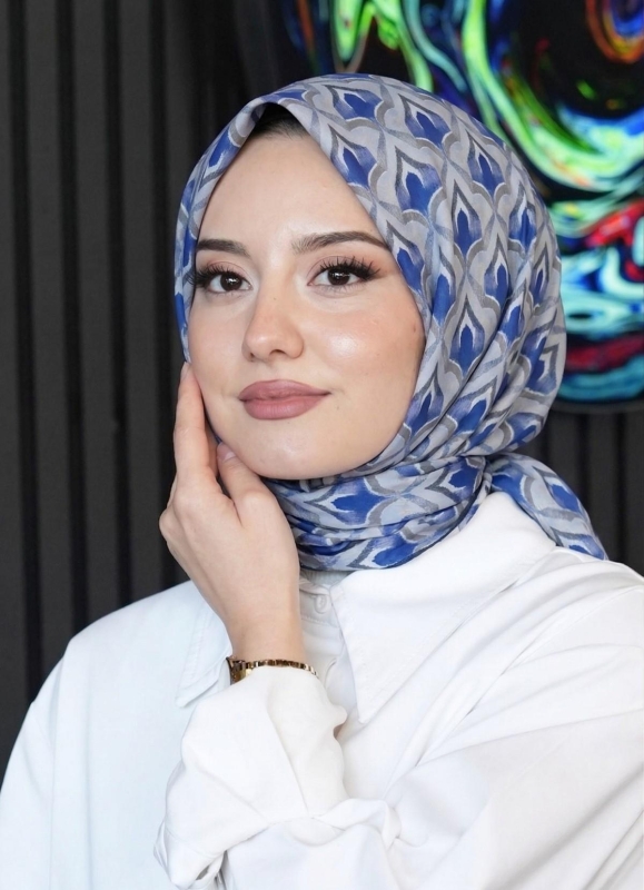 Mozaik Desen Lacivert Soft Pamuk Eşarp - 1