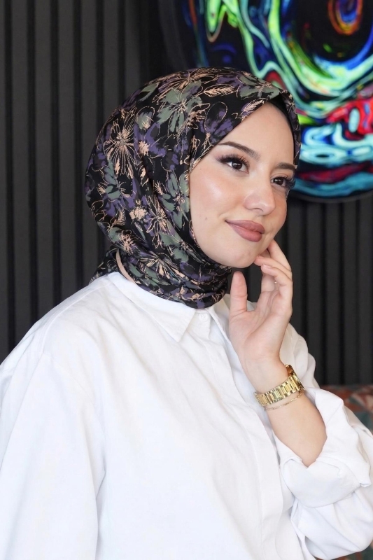 Orkide Desen Mor Soft Pamuk Eşarp - 1