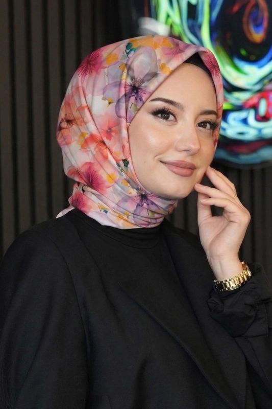 Orkide Desen Pudra Soft Pamuk Eşarp - Afvente