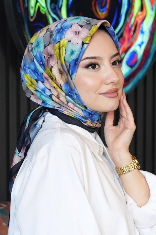 Ortanca Çiçek Desen Saks Soft Pamuk Eşarp - AFVENTE
