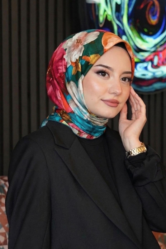 Tropikal Çiçek Desen Fuşya Soft Pamuk Eşarp - Afvente